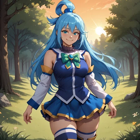 score_9, score_8, BREAK, solo, girl,aqua (konosuba), kono subarashii sekai ni shukufuku wo!,blue hair,long hair,hair rings,single hair rings,blue shirt,blue skirt,hair ornament,bare shoulder,green bow,detached sleeves, thighhighs,thigh boots, sexy pose, self portrait, smile, outdoors, sunlight, shadows, evening lighting, natural lighting, forest, trees, grass, orange sky, sunset