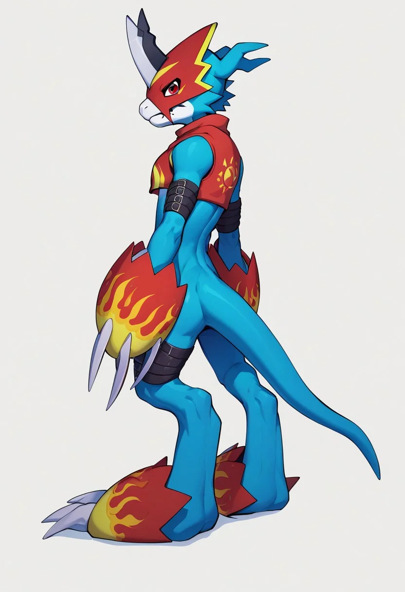 flamedramon(character), blue body, anthro, armor, belt, claws, clothing, crop top, headgear, helmet, male, shirt, topwear, red eyes, horn, digimon (creature), solo, no humans, claws, white background, full body, arm belt, score_9, score_8, score_7_up, score_6_up, standing, from back, looking back