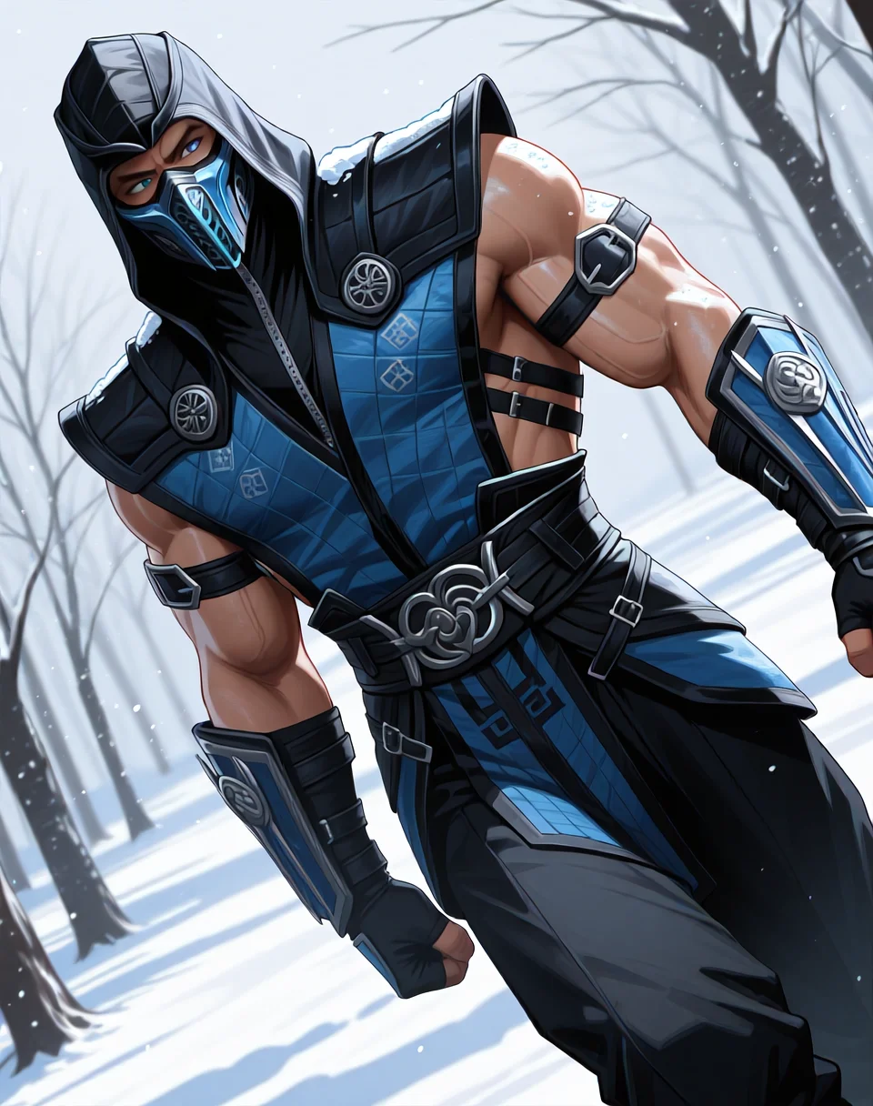 <lora:Sub_Zero_(Mortal_Kombat)_(Illustrious)_(AD):1> Sub Zero, muscular, Mortal Kombat,
dutch angle, exterior, winter landscape, snowstorm, ice,
male chest focus, gradient coloring, villain, leather ninja armor, ninja hood,
BREAK very awe, aesthetically pleasing, masterpiece, best quality, amazing quality, very aesthetic, perfect depth of field shot, in'ei,
Smooth Quality, lazympos, IllustQualXL_Pos,
