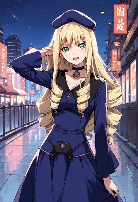 score_9, score_8_up, score_7_up, , score_ANIME , 1girl,adilisia, 1girl, solo, long hair, blonde hair, , drill hair, beret, blue dress, blue choker, open mouth, long sleeves <lora:adilisia_pony2:0.9> breasts, cowboy shot, long dress, looking at viewer, smile, night sky, city lights, cityscape, hand in own hair,