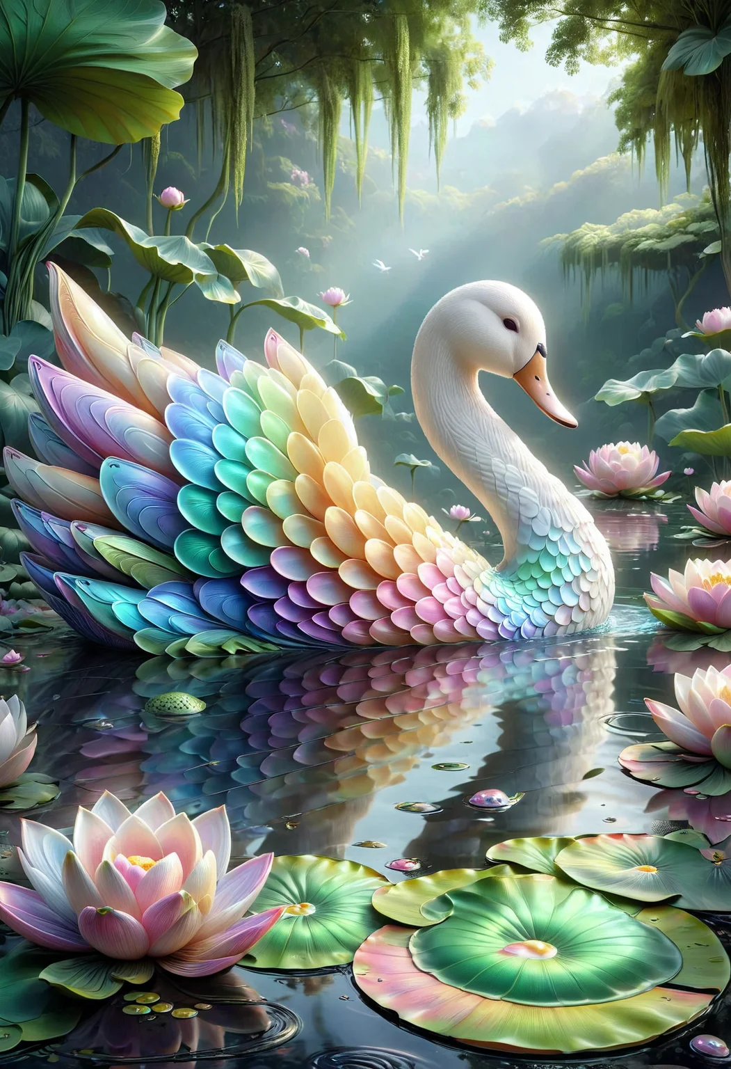 a cute swan in a serene pond, lotus flowers, lily pads, reflective water surface, serene atmosphere, made out of iridescent scales, <lora:PinkieIriSclsSDXL-v1:1>, p1nk1r1sc4l3s,