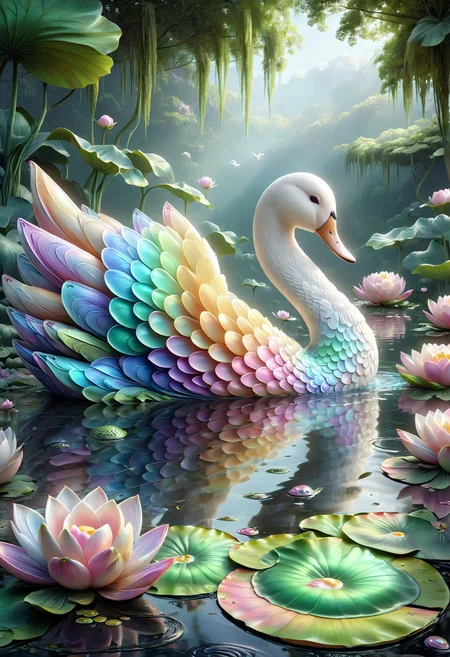 a cute swan in a serene pond, lotus flowers, lily pads, reflective water surface, serene atmosphere, made out of iridescent scales, <lora:PinkieIriSclsSDXL-v1:1>, p1nk1r1sc4l3s,