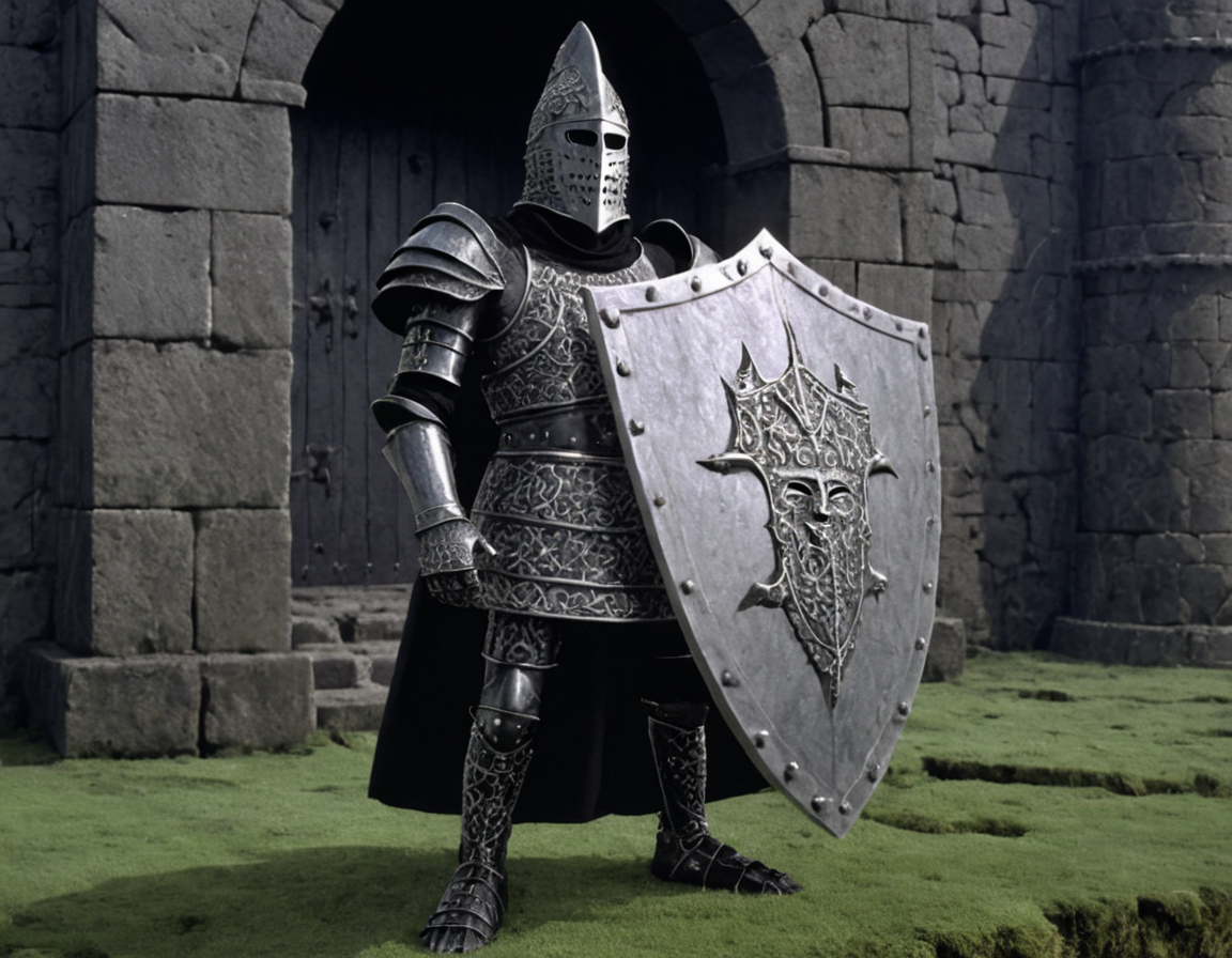 DVD screengrab of 1957 medieval fantasy film the seventh seal, an armored figure, cloaked in black metal armor ornately embossed with intricate patterns. The armor is complete with a set of towering, horn-like protrusions on the helm, contributing to an intimidating silhouette. The figureâs posture is resolute, as it stands guard within the moss-covered stone walls of an ancient fortress, holding a large shield emblazoned with symbols that speak of old legends and battles fought in forgotten times <lora:3D_Movie_Maker_XL:1>