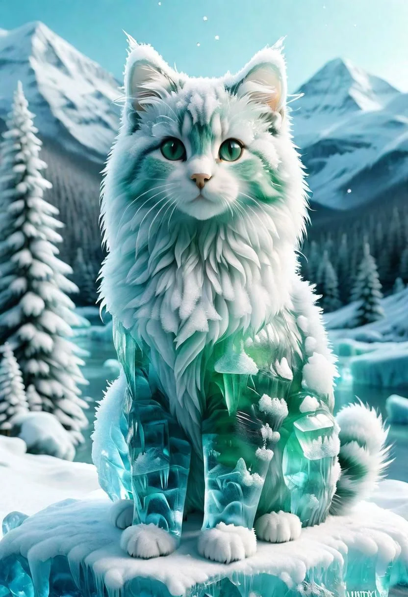 Cute maincoon kitten made of ral-glacial bright green glacial ice, go, kitten looking at the camera background is a Winterwonderland with Mountain and forest, (text on a little sign on left side says ("lucky green team")), full body, side view, happy, transparent shiny body <lora:ral-glacial-sdxl:1>,