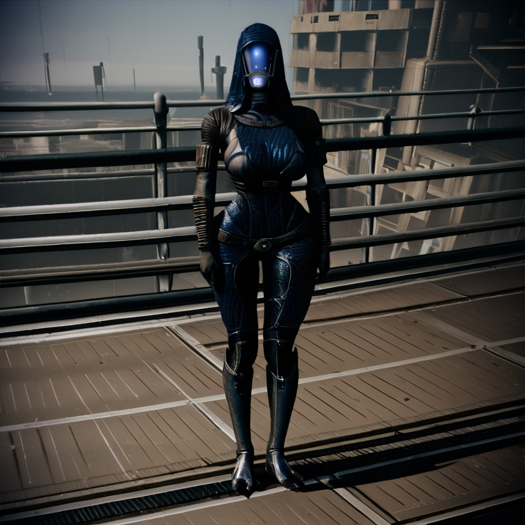 <lora:Mass_Effect_Quarians_PONY:1>, quarian, 1girl, standing, blue, wide hips, voluptuous, huge breasts, <lora:photov3:1>,  realistic, style,