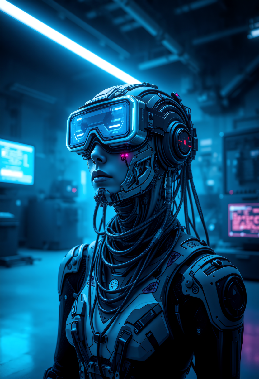 A close-up of a cybernetic character with intricate facial implants and neon-lit goggles. The setting is indoors in a sterile, industrial room with clean surfaces and crisp lighting. The lighting is vibrant, emphasizing blue and pink neon glows for a cool, digital atmosphere. Surfaces and materials in the environment are textured with industrial metal panels and clean concrete for a non-reflective look. Monitors and screens display complex data with bright, crisp visuals and no glistening reflections. The atmosphere is dry, focused on cybernetic detail and precision. Characters are posed in confident, tech-focused positions, standing tall or working intently with their surroundings.   <lora:scifi/fluxPunk_v11:0.8> <lora:scifi/RM Robotify v0.7M.safetensors:0.7>,  <lora:art and styles/MysticFantasy.safetensors:1.0>,  <lora:flux/flux_realism_lora.safetensors:1.0>,