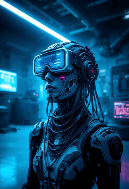 A close-up of a cybernetic character with intricate facial implants and neon-lit goggles. The setting is indoors in a sterile, industrial room with clean surfaces and crisp lighting. The lighting is vibrant, emphasizing blue and pink neon glows for a cool, digital atmosphere. Surfaces and materials in the environment are textured with industrial metal panels and clean concrete for a non-reflective look. Monitors and screens display complex data with bright, crisp visuals and no glistening reflections. The atmosphere is dry, focused on cybernetic detail and precision. Characters are posed in confident, tech-focused positions, standing tall or working intently with their surroundings.   <lora:scifi/fluxPunk_v11:0.8> <lora:scifi/RM Robotify v0.7M.safetensors:0.7>,  <lora:art and styles/MysticFantasy.safetensors:1.0>,  <lora:flux/flux_realism_lora.safetensors:1.0>,