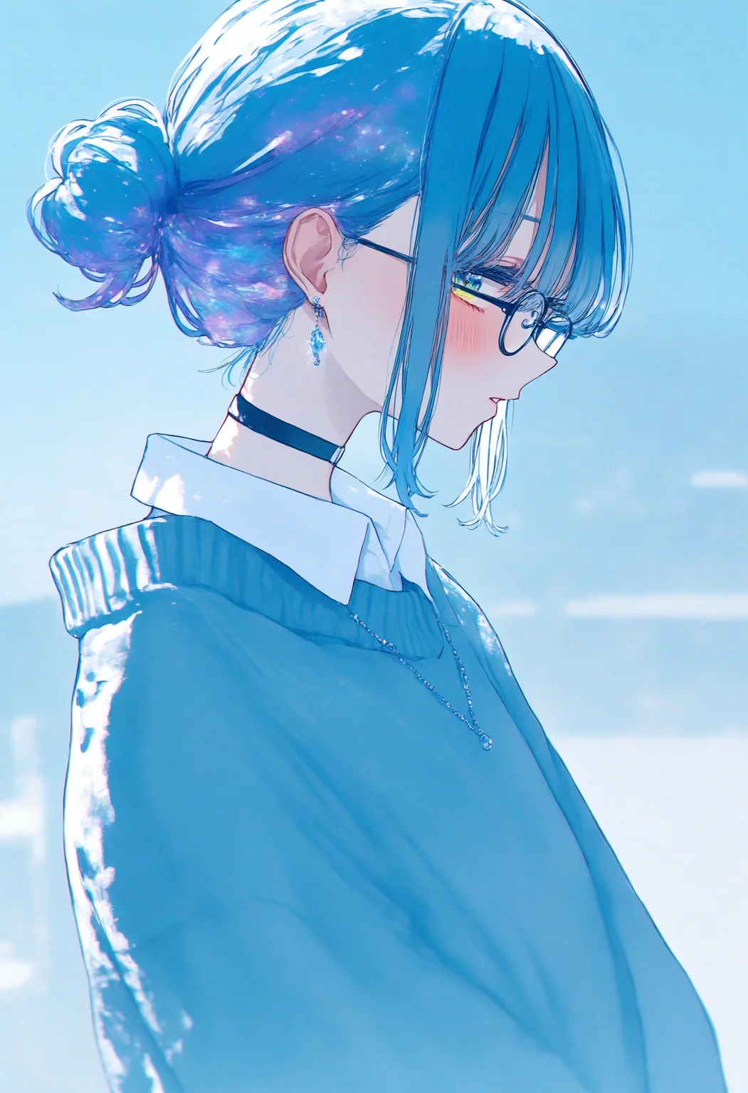 1girl,
realistic, photo background, 748cm, solo, choker, parted lips, looking at viewer, round eyewear, glasses, blue theme, earrings, jewelry, blue eyes, short hair, hair bun, black choker, blue background, upper body, blue hair, shirt, sweater, from side, single hair bun, hair between eyes, sidelocks, profile, white shirt, gradient eye, blush, multicolored eyes, blue sweater, necklace, hair behind ear, black-framed eyewear, long sleeves, collared shirt,
a captivating digital art piece by the artist banned artist muninshiki, known for their distinctive style. It features a young woman with striking blue hair and eyes, which are accentuated by her black-framed glasses. She is dressed in a casual yet stylish outfit consisting of a white shirt layered over a dark sweater. Her gaze is directed off to the side, suggesting a moment of contemplation or distraction.
masterpiece, best quality
<lora:748cm-NoobEPS100-lokr-v03-000080:1>