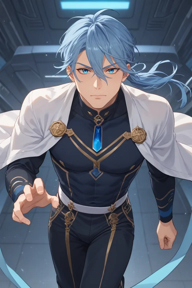 score_9, score_8_up, score_7_up, , rating_safe, intricate details, anime screencap, , , looking at viewer, , 1boy, solo, male focus, <lora:edmond_nu_carnival_pony:0.78>, edmond_nu_carnival, blue hair, blue eyes, long hair, hair between eyes, ponytail, focused, spaceship, light, jumping, wavy mouth, , <lora:sdxl_lightning_8step_lora:1>