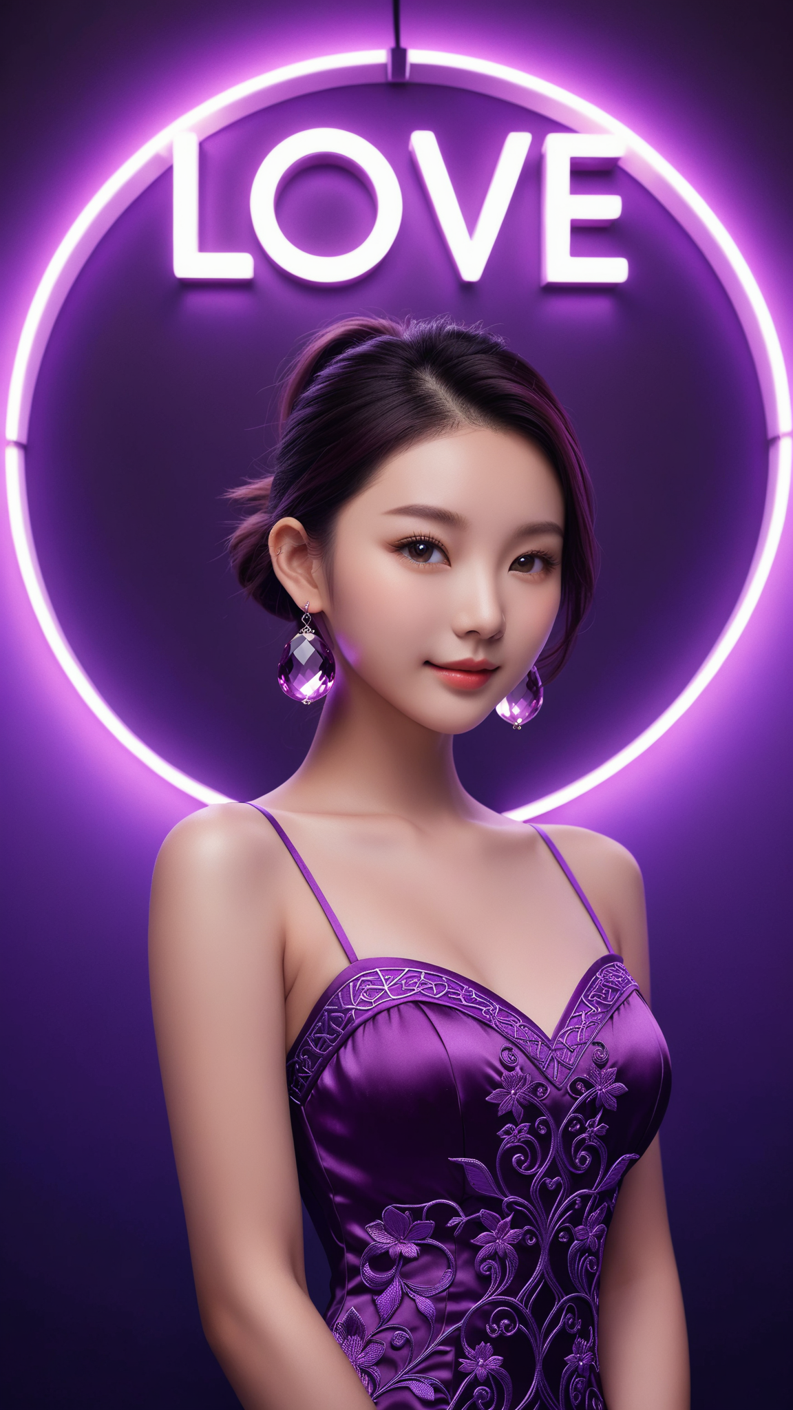 neonpunk style wallpaper,best quality,masterpiece,realistic,HDR,UHD,8K,Vivid Colors,Studio lighting,ultra-fine painting,sharp focus,physically-based rendering,Canon 35MM camera angle,art,(((1 beauiful Chinese girl holding a big Amethyst))),(((the amethyst with Stone carving pattern "Love"))),the girl 22 years old,full body,wear purple dress with embroidery,purple Ponytail hair,Amethyst earrings,medium breasts,Bare arms,collarbones,cute face,slender,brown eye ball,bright pupils,shy,light blush,happy,sexy pose,smile,detailed hand,indoor,ambient light,add more details,moden,hand,coral dress,,,,neon,text logo " Love",<lora:detailed_hands:1>,<lora:coraldress:0.6>,<lora:Harrlogos_v1.1:1> . cyberpunk, vaporwave, neon, vibes, vibrant, stunningly beautiful, crisp, detailed, sleek, ultramodern, magenta highlights, dark purple shadows, high contrast, cinematic, ultra detailed, intricate, professional