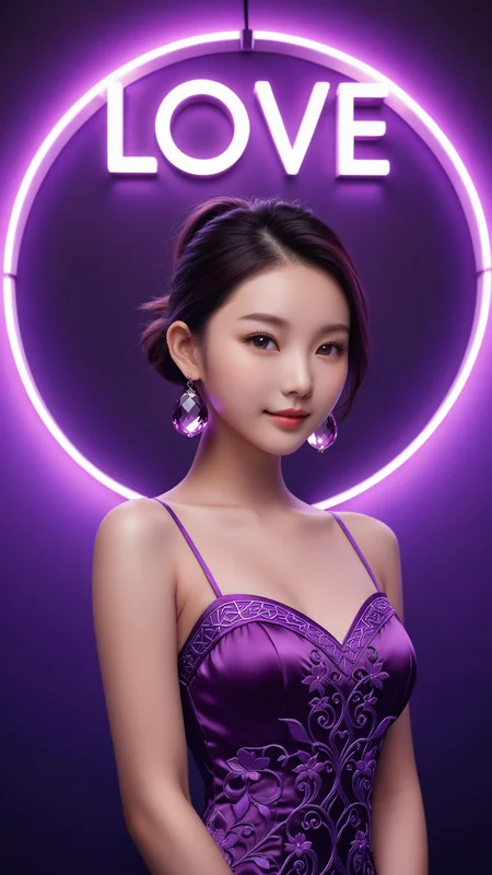 neonpunk style wallpaper,best quality,masterpiece,realistic,HDR,UHD,8K,Vivid Colors,Studio lighting,ultra-fine painting,sharp focus,physically-based rendering,Canon 35MM camera angle,art,(((1 beauiful Chinese girl holding a big Amethyst))),(((the amethyst with Stone carving pattern "Love"))),the girl 22 years old,full body,wear purple dress with embroidery,purple Ponytail hair,Amethyst earrings,medium breasts,Bare arms,collarbones,cute face,slender,brown eye ball,bright pupils,shy,light blush,happy,sexy pose,smile,detailed hand,indoor,ambient light,add more details,moden,hand,coral dress,,,,neon,text logo " Love",<lora:detailed_hands:1>,<lora:coraldress:0.6>,<lora:Harrlogos_v1.1:1> . cyberpunk, vaporwave, neon, vibes, vibrant, stunningly beautiful, crisp, detailed, sleek, ultramodern, magenta highlights, dark purple shadows, high contrast, cinematic, ultra detailed, intricate, professional