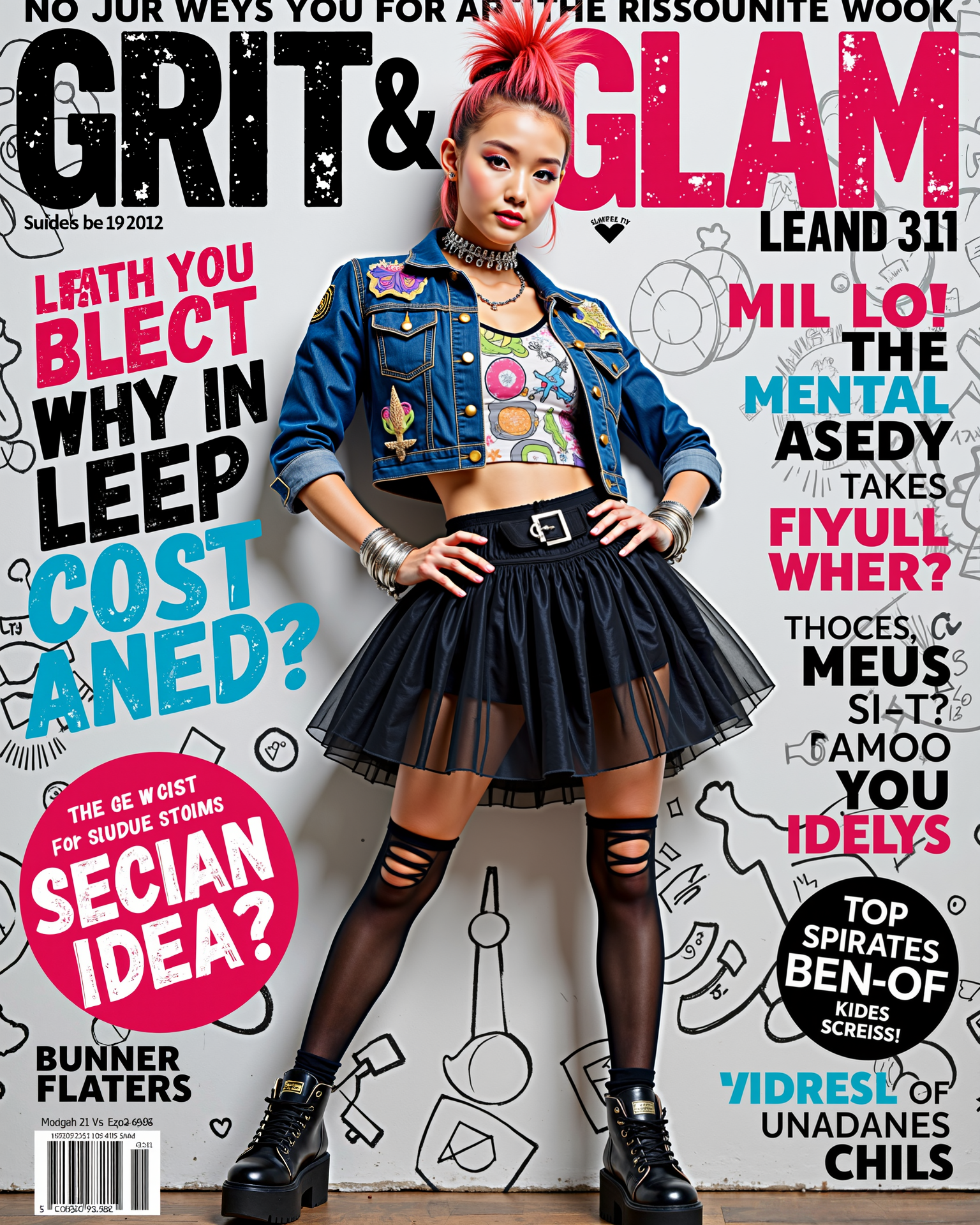 The magazine cover of a Japanese adult video, titled "Grit & Glam" with the japanese text and elements of the laid out in a typical fashion magazine format.. featuring a girl with a vibrant mohawk, striking a confident pose. She wears a patched denim jacket over a cropped tank top, paired with a dramatic tulle tutu skirt, ripped tights, and platform sneakers. Accessories include a spiked choker and chunky silver rings, adding edge to her rebellious look. The background showcases graffiti-inspired patterns with bold, distressed text completing the energetic, defiant aesthetic.<lora:Covers\JAVCompany_vol1_AIdeaPocket.safetensors:0.9:0.9> <lora:Merge\best_of_flux_v30_rank64_bf16-step01750.safetensors:0.5:0.5>