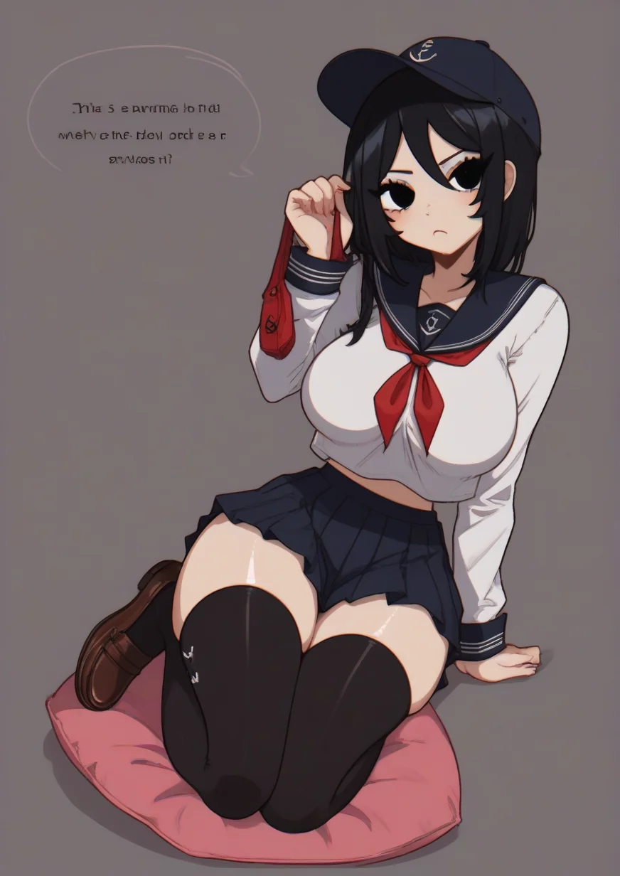 1girl, huge breast, css black girl, black hair, black eyes, anchor symbol, black sailor collar, black skirt, black thighhighs, brown footwear, cushion, english text, fingers together, flat cap, full body, hat, loafers, long sleeves, looking at viewer, neckerchief, pleated skirt, red neckerchief, sailor collar, school uniform, serafuku, shoes, skirt, solo, thighhighs, unhappy, unworn hat, unworn headwear,  <lora:CrystalSugarStars:1>