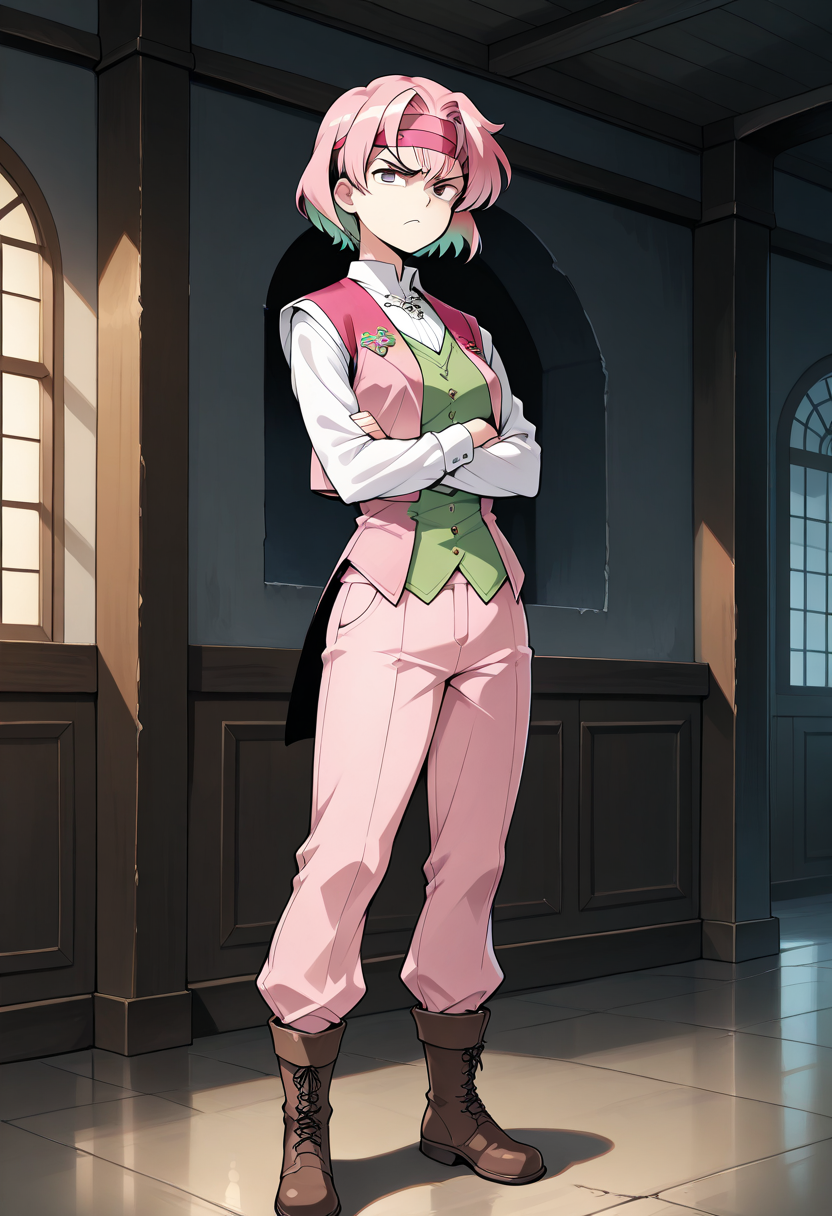 masterpiece,best quality,mid,1girl,heikevahs,short hair,pink hair,multicolored hair,white collared shirt,long sleeves,vest,pink pants,headband,boots,standing,crossed arms,scowling,indoors,full body,dark warehouse, <lora:HeikeVahsIllustrious:0.9>,cell shading style