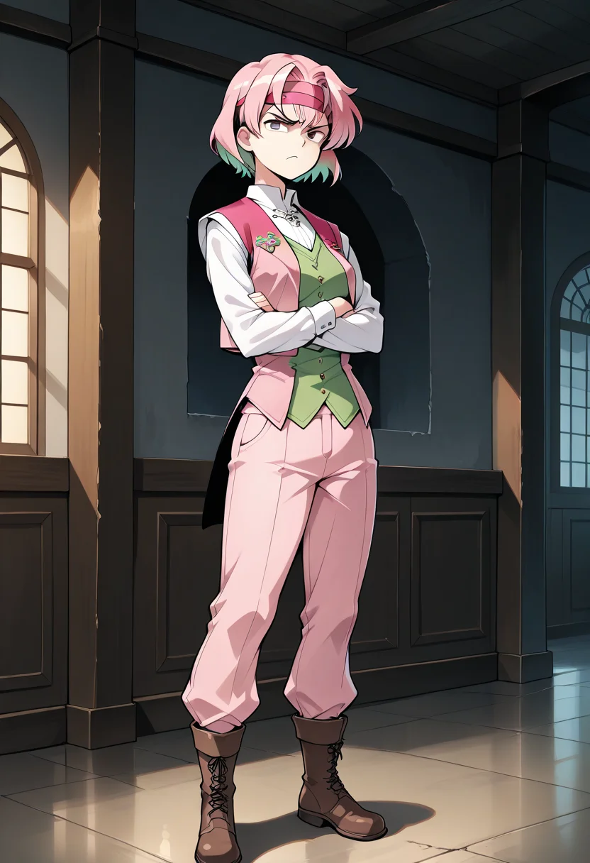 masterpiece,best quality,mid,1girl,heikevahs,short hair,pink hair,multicolored hair,white collared shirt,long sleeves,vest,pink pants,headband,boots,standing,crossed arms,scowling,indoors,full body,dark warehouse, <lora:HeikeVahsIllustrious:0.9>,cell shading style