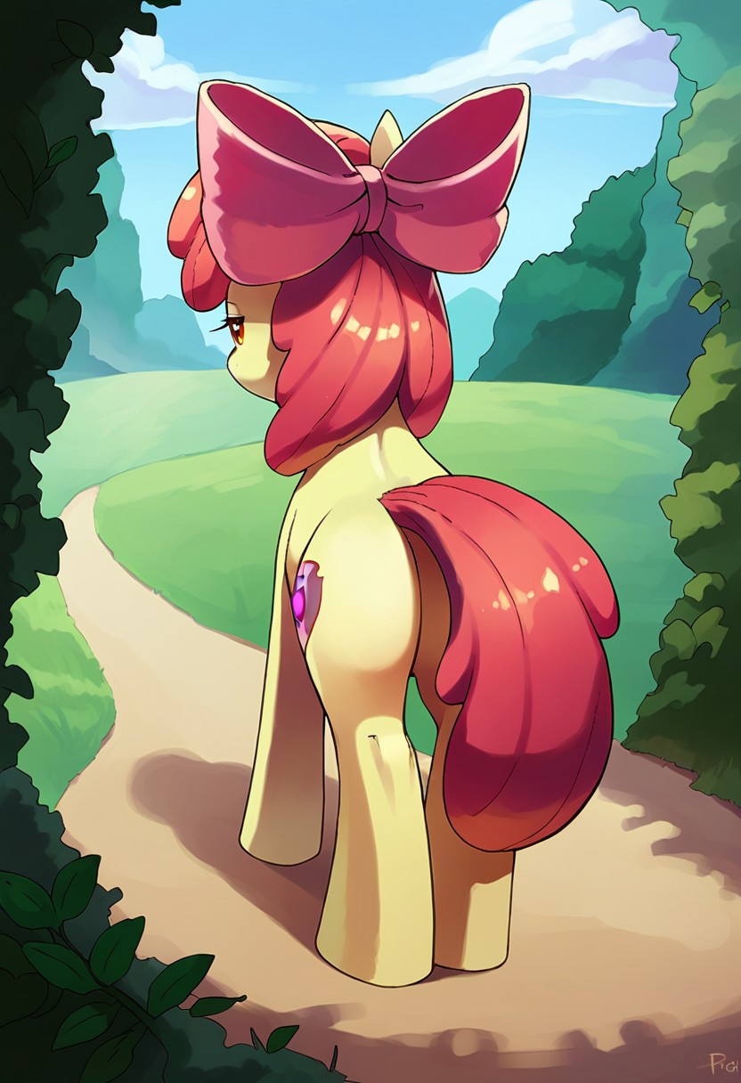 score_9, score_8, score_7, source_pony, apple bloom, apple bloom's bow, lying, snout, from behind, standing, half-closed eyes, outdoors