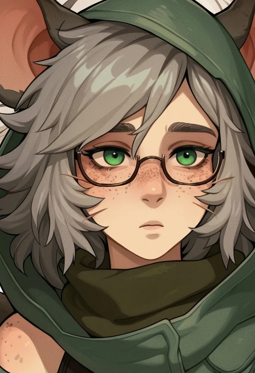 (Zoom on face. Close-up)
Solo Woman. Demihuman rat. Half human half rat. off-the-shoulder green furcoat, rat tail, rat ears. Whiskers.
Pale skin. (long gray bushy messy hair), green eyes, glasses, messy, scars, scarf, scavenging, freckles. Hooded. Hood