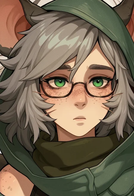 (Zoom on face. Close-up)
Solo Woman. Demihuman rat. Half human half rat. off-the-shoulder green furcoat, rat tail, rat ears. Whiskers.
Pale skin. (long gray bushy messy hair), green eyes, glasses, messy, scars, scarf, scavenging, freckles. Hooded. Hood
