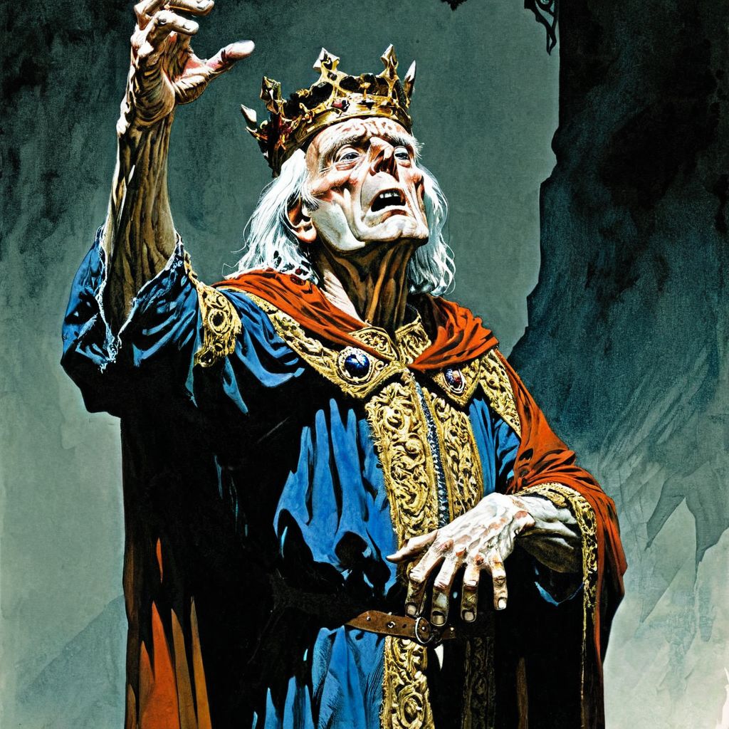 color illustration in berniewrightson style, extremely detailed, masterpiece, tenebrism, high contrast, 
King Lear - Tattered royal robes, crown askew, hands outstretched upward, in a pleading stance. ,  hero pose, 
  <lora:BernieWrightson_Style_XL_V4.1:0.7>
