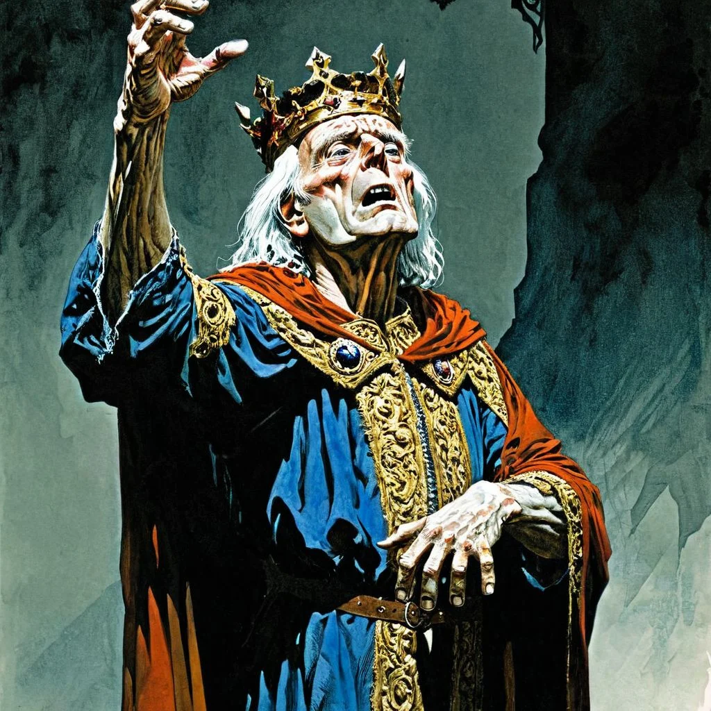 color illustration in berniewrightson style, extremely detailed, masterpiece, tenebrism, high contrast, 
King Lear - Tattered royal robes, crown askew, hands outstretched upward, in a pleading stance. ,  hero pose, 
  <lora:BernieWrightson_Style_XL_V4.1:0.7>