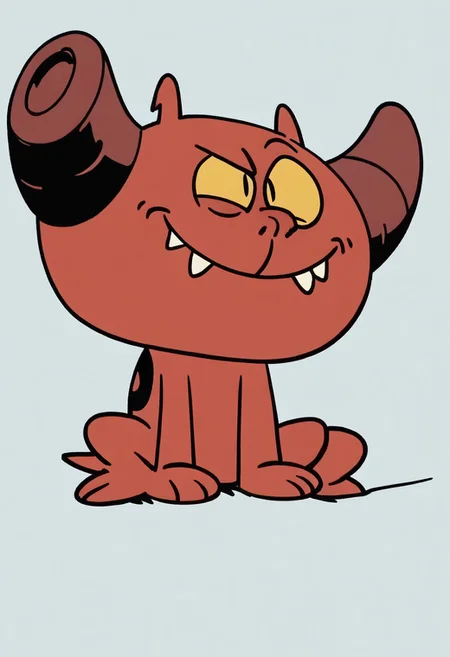 (score_9 | score_8_up | score_7_up) ((masterpiece:1))(best quality,very high quality,ultra detailed:1.2) (2D,cartoon style,anime style)(Smooth:2)(clean blurring) (four fingers on each hand,one thumb on each hand:1), charles, dog, all fours, black spot on left eye, impish, demon, red skin, small pointed nose, pointed tail, yellow eyes, slit pupils, two small horns, two large curved horns on sides of her head, pair of deformed fangs, smug, full body