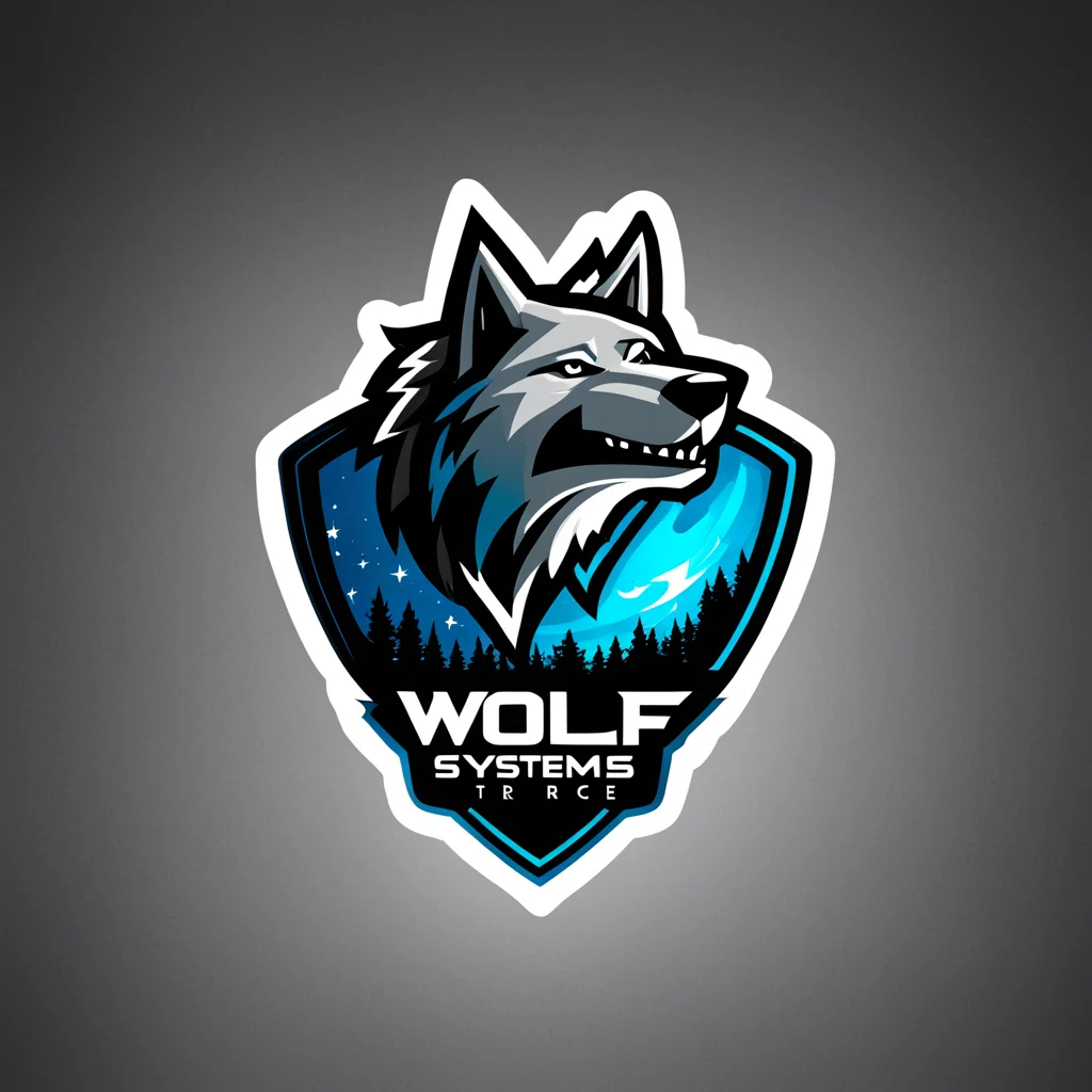 logomkrdsxl, a very cool looking logo , wolf in space, vector, text "Wolf-Systems", <lora:logomkrdsxl:1>, best quality, masterpiece, sharp