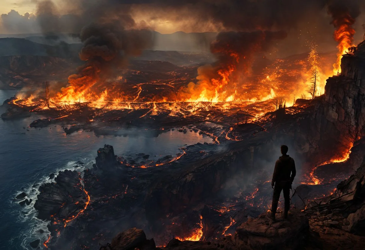 A silhouette of a man on a cliff looking at a land ravaged by raging fire, digital artwork, illustrative, matte painting, masterpiece, best quality