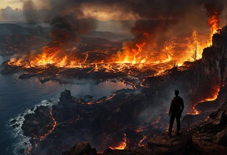 A silhouette of a man on a cliff looking at a land ravaged by raging fire, digital artwork, illustrative, matte painting, masterpiece, best quality