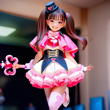masterpiece, best quality, amazing quality, newest, <lora:SakuraiKokomi:0.8>,1girl,sakuraikokomi,twintails,smile,brown hair,long hair,black eyes,makeup,multicolored hair,
eyeshadow,Phantomirage,dress,mini hat,capelet,heart,bow,idol clothes,pink bow,black headwear,bowtie,mini top hat,pink_capelet,pink bowtie,wand,wrist cuffs,fingerless gloves,white gloves,corset,top hat,cosplay,frills,skirt,white skirt,frilled dress,layered skirt,pink thighhighs,white thighhighs,print thighhighs,thighhighs,shoelaces,shoes,