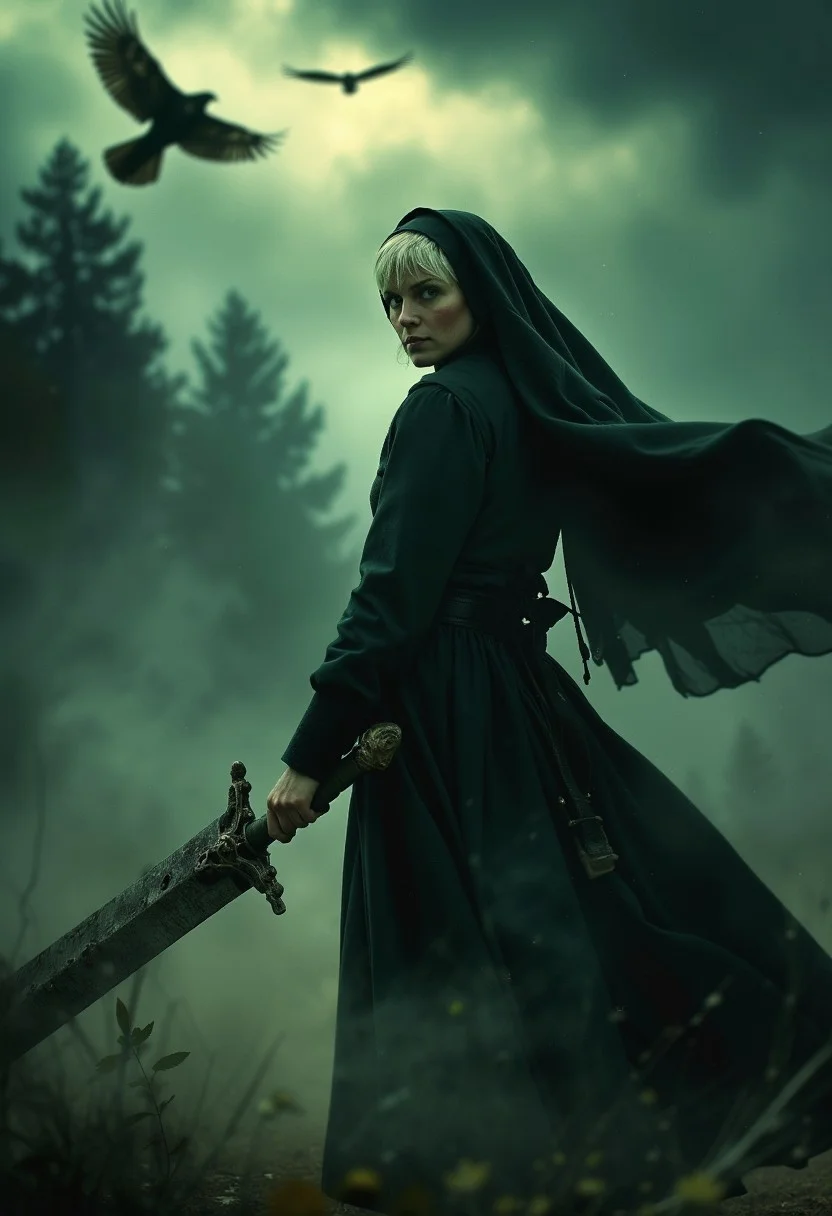 A powerful nun with short white hair and a piercing, blushed smile stands against an eerie, otherworldly dark forest. She wields a massive, old, and rusty sword reminiscent of the one from Final Fantasy. Dust swirls in the air, and her translucent nun’s habit billows dramatically in the wind. In the sky above, a few ominous vultures circle, adding to the eerie tension of the scene. The cool green and blue hues create an ethereal atmosphere. ArsGreenMistWorld, Her fierce expression and intense gaze contrast with the unsettling charm of the environment. The setting is cinematic, hyper-realistic, and gritty, with soft shadows in a desolate desert landscape.