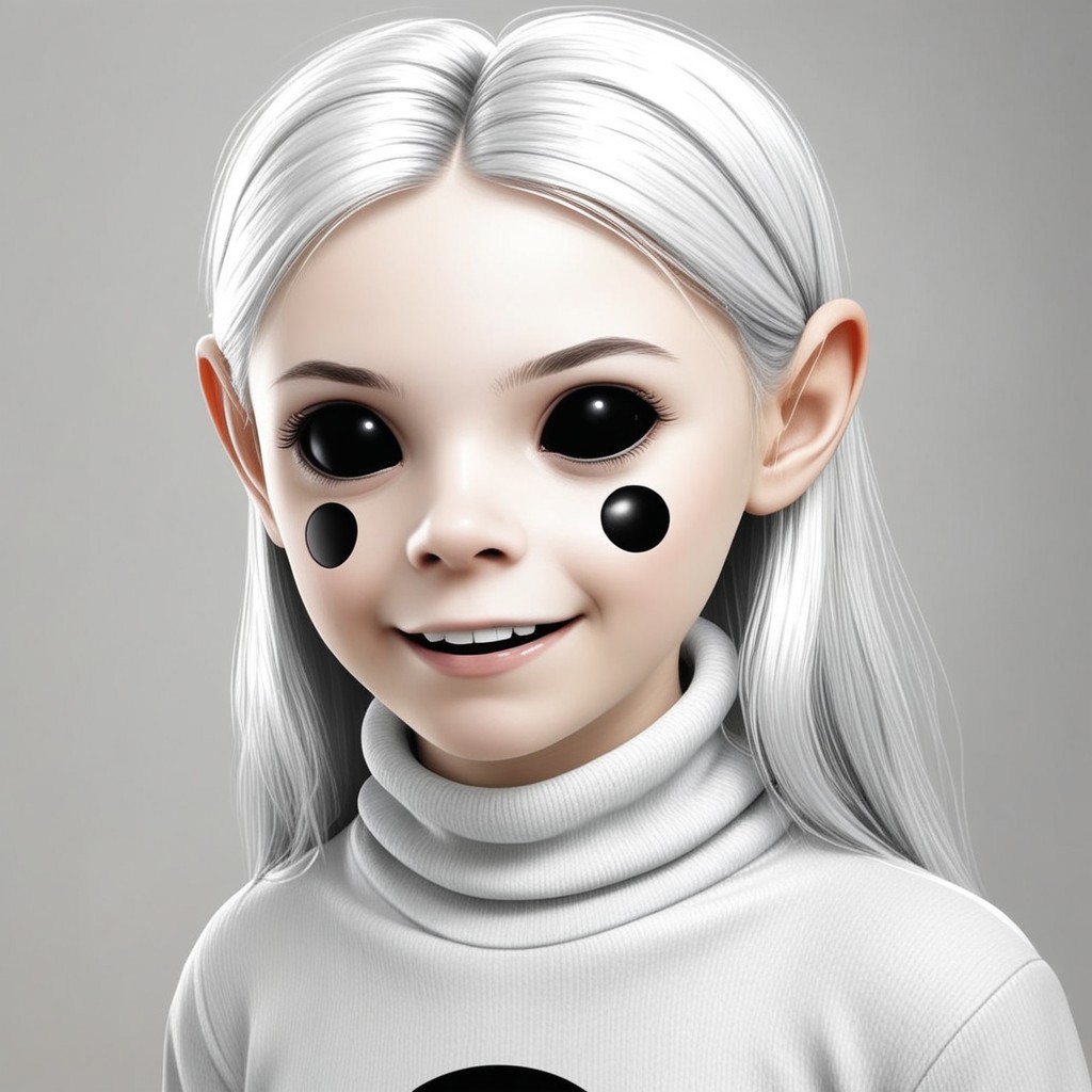 voo is an (adult female and looks about 30 years old) with a (black circle on each cheek) and (black marbles for eyes).She has large and tall. 
voo has (Long white_hair) with a metallic shine.
Voo has a (white_roll_neck_sweater).
Smile