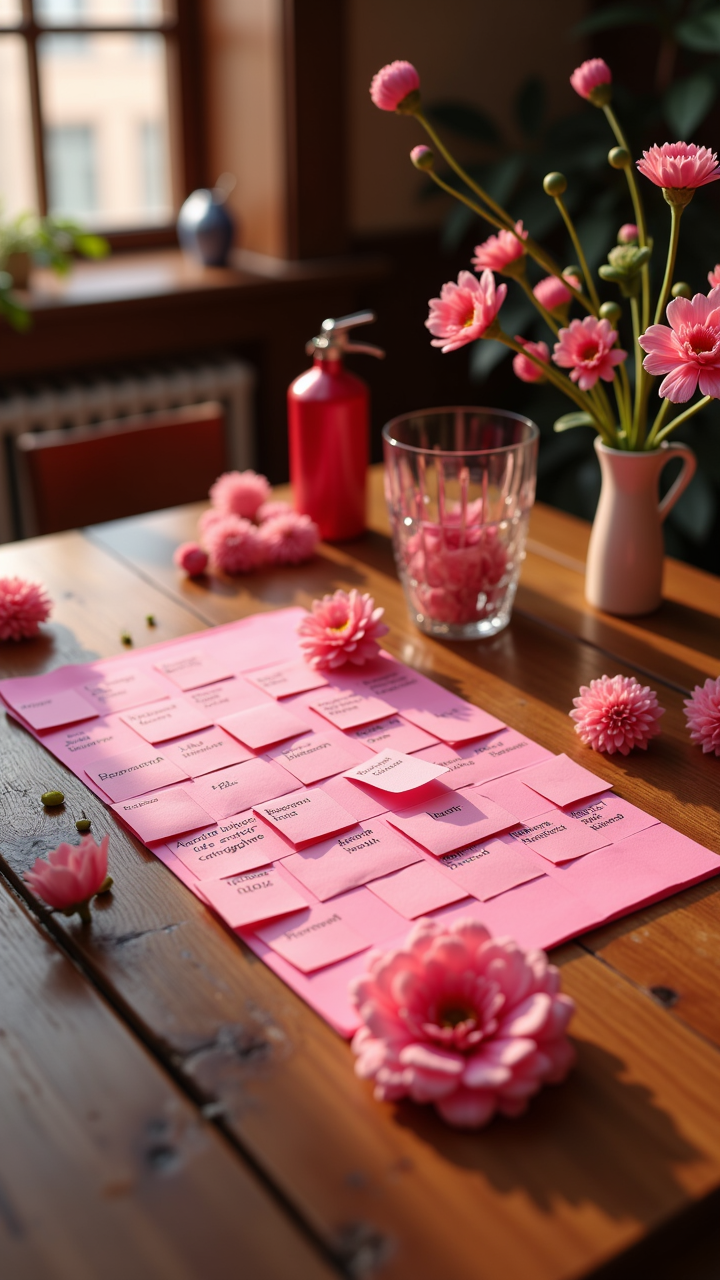 octane render, a wooden table is set with intricate detail trimmings and Fuchsia Cygnus constellation sculptures. The centerpiece of the scene is a buxom Post-it notes [chives:Celestial body:2] filled to the brim with Injured Carnation, Fire extinguisher, Horror, aidmafluxproultra