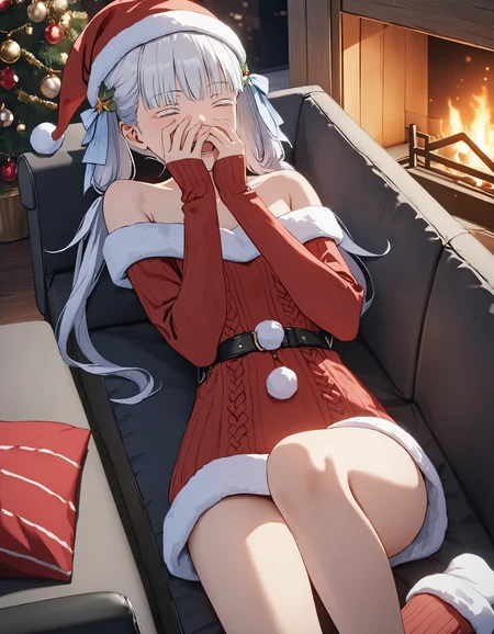 masterpiece, best quality, 8K, very aesthetic, UHD, volumetric lighting, natural lighting, highly detailed, intricate details, 1girl, home clothes, red wool sweater, wool socks, christmas hat, bare shoulders, bare legs, twintails, white eyelashes, white hair, white eyes, cute laugh, closed eyes, lifelike female body, perfect female body shape, narrow waist, view from above, lying on the couch, hands covering face, dim light, christmas decorations, fireplace, night, cozy wooden house, <lora:Jinhsi_V1.11:0.7>