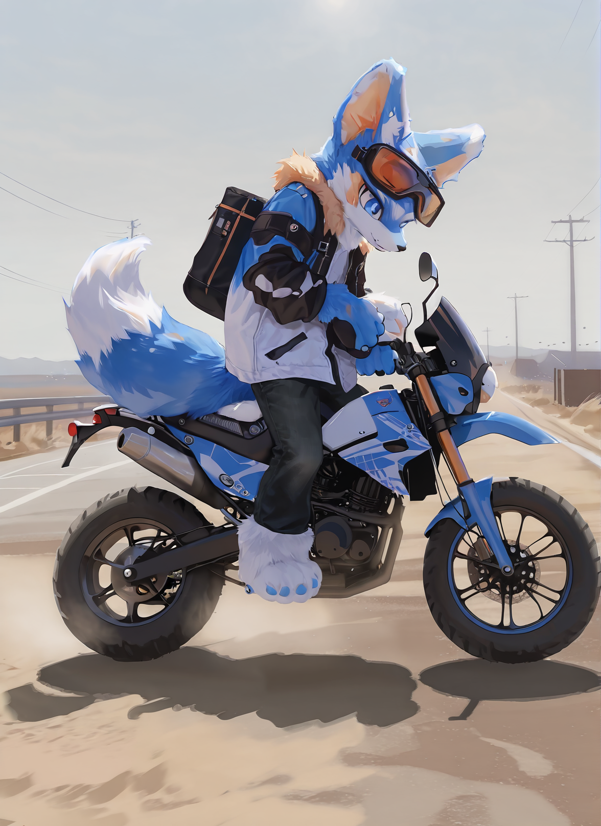 score_9,score_8_up,score_7_up,best quality,amazing quality,very aesthetic,absurdres,official art,intricate details,hyperdetailed,BRAKE,
(furry:1.05),solo,furry fox,furry male,blue and white fur,furry paws,wind jacket,black jeans,riding a motorcycle,holding a helmet,goggles,day,country road,furry ears,half fur suit,realistic,solo,full body,<lora:HalfFurSuitXLLora:0.85>,