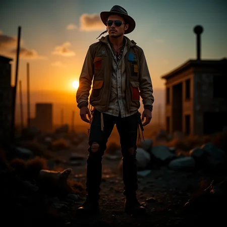 In a world where civilization has fallen, a retro-styled post-apocalyptic survivor stands tall amidst the ruins, forever frozen in an intense and highly detailed HDR photograph. As the sun sets, volumetric lighting casts deep, clear shadows and highlights across the wasteland, creating an atmospheric and moody image. The survivor's clothing, a patchwork of rugged, weathered fabrics, hints at a past life now faded and tattered. Their stance exudes a sense of determination and strength in the face of adversity, embodying resilience and defiance in a world where survival is a daily struggle. The vivid colors and realistic textures of the scene capture the essence of a world forever changed by catastrophe, while the survivor remains a beacon of hope, their image a hauntingly beautiful portrait of life in a post-apocalyptic world. <lora:flux_trainer/postApocalypse_v1_rank64_bf16:0.8>, <lora:flux/Sinfully_Stylish_.02_for_FLUX-000002>, <lora:flux/aidmaImageUpgrader-FLUX-V0.1>, detailmaximizer, <lora:flux/perfection style v1>, perfection style,
