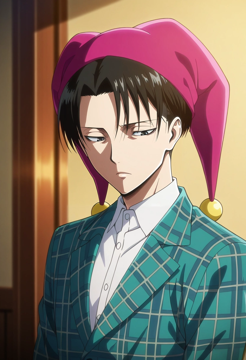 masterpiece, best quality, , anime screencap, anime coloring, , , depth of field, 1boy, solo, male focus, <lora:levi_ackerman_ilxl:0.92>, levi_ackerman, black hair, black eyes, short hair, curtained hair, , , , Floral Flannel Stretch chinos, Plaid blazer, , Jester hat,
