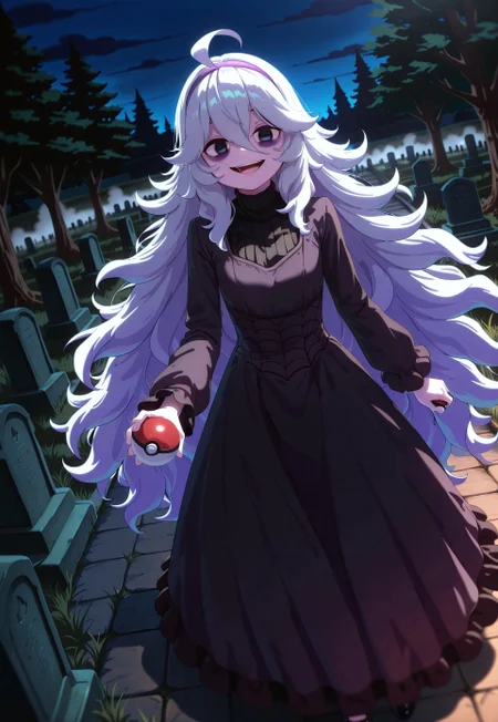 1girl, Shadwo, black eyes, white hair, grey hair, very long hair, messy hair, hair between eyes, ahoge, bags under eyes, gradient hair, multicolored hair, purple highlights, purple tips, purple streaked hair, masterpiece, best quality, absurdres,
(cosplaying hex maniac), hex maniac dress, long dress, black dress, spiderweb pattern, frilled sleeves, purple hairband, makeup,
outdoors, nature, graveyard, night, dark environment, spooky, fog,
solo, standing, full body, dynamic pose, dutch angle, looking at viewer, happy smile, open mouth, holding pokeball,
intricate, highly detailed, majestic, shallow depth of field, movie still, circular polarizer, moody