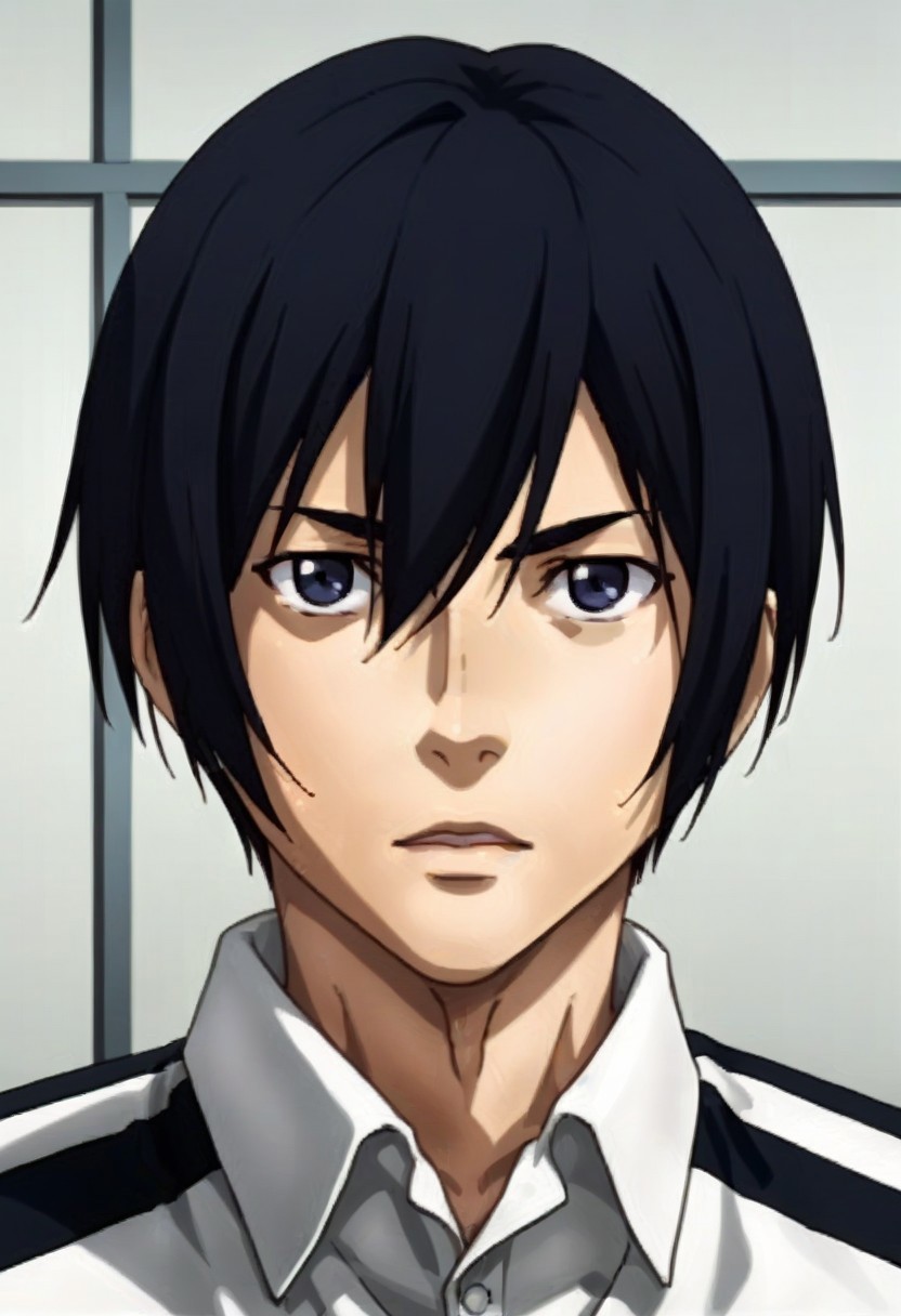 ((masterpiece)), ((best quality)), ((ultra-detailed)), score_9_up, score_8_up, score_7_up, HD, top quality, best quality, High-quality illustrations, anime screencap, perfect anatomy, 1male, 1boy, solo male, male focus, anime, anime boy, male anime character, sexy, tall body, tall height, lean body, slim body, Kiyoshi Fujino, black hair, black eyes, black striped white prison clothes, ((profile facial shot, close up of face shot))