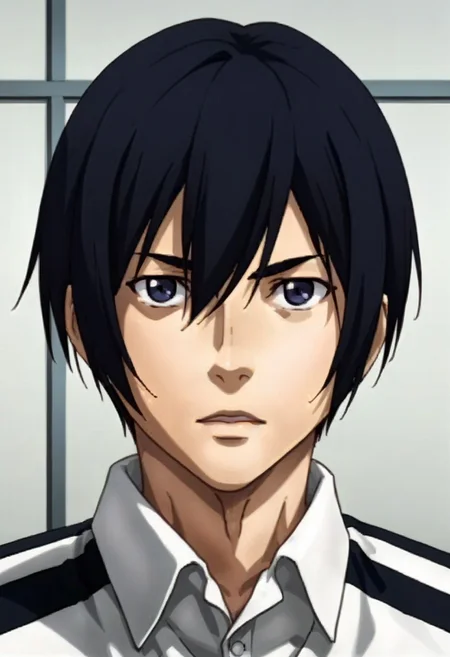 ((masterpiece)), ((best quality)), ((ultra-detailed)), score_9_up, score_8_up, score_7_up, HD, top quality, best quality, High-quality illustrations, anime screencap, perfect anatomy, 1male, 1boy, solo male, male focus, anime, anime boy, male anime character, sexy, tall body, tall height, lean body, slim body, Kiyoshi Fujino, black hair, black eyes, black striped white prison clothes, ((profile facial shot, close up of face shot))