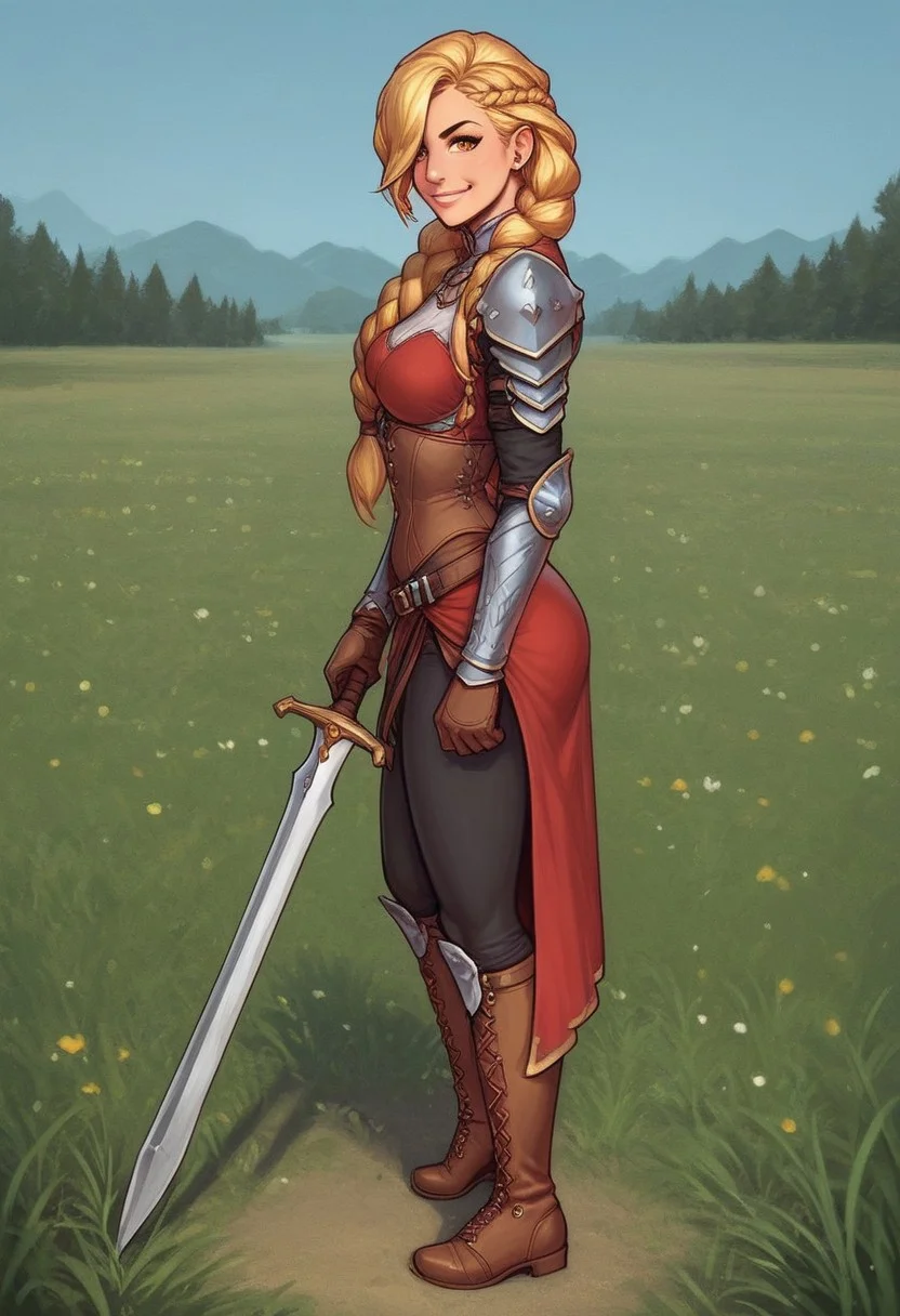 1girl, illustration, looking at viewer, highly detailed, from front,1girl, looking at viewer, highly detailed, skinny, looking at viewer, 1girl, masterpiece, best quality, ((((side view)))), Her , full body portrait, 1girl, <lora:agrias-nvwls-v3:1> agrias, armor, corset, dark red dress, brown gloves, weapon, cross-laced boots, looking at viewer, sidelocks, braided ponytail, yellow eyes, Romance, sci-fi, artificial intelligence, highly detailed
BREAK
slight smile, looking at viewer,
BREAK
long hair, blonde hair, hair over one eye, big hair,
BREAK
best quality, depth of field, bokeh, (((full clothed))) (best quality, high detail), ((masterpiece)), ((ready to fight, holdind big sword in hands)), <lora:1_ino_20e:1>
BREAK
((((((field, mill)))))) score_9, score_8_up, score_7_up, score_6_up, source_cartoon, rating_explicit, Expressiveh, (((((full body))))), dynamic pose