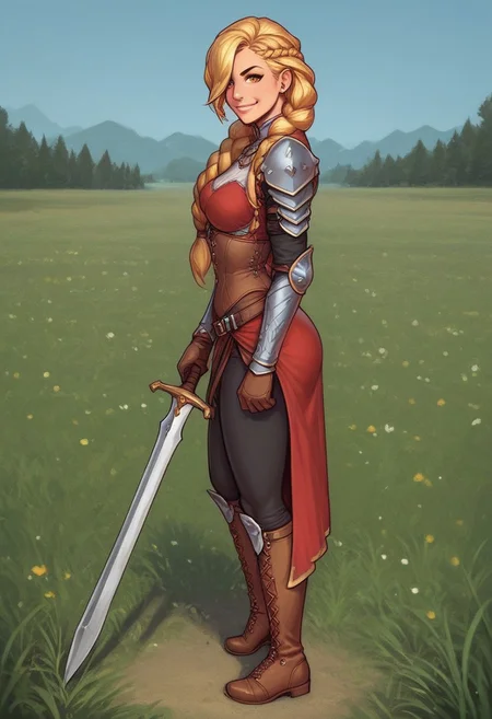 1girl, illustration, looking at viewer, highly detailed, from front,1girl, looking at viewer, highly detailed, skinny, looking at viewer, 1girl, masterpiece, best quality, ((((side view)))), Her , full body portrait, 1girl, <lora:agrias-nvwls-v3:1> agrias, armor, corset, dark red dress, brown gloves, weapon, cross-laced boots, looking at viewer, sidelocks, braided ponytail, yellow eyes, Romance, sci-fi, artificial intelligence, highly detailed
BREAK
slight smile, looking at viewer,
BREAK
long hair, blonde hair, hair over one eye, big hair,
BREAK
best quality, depth of field, bokeh, (((full clothed))) (best quality, high detail), ((masterpiece)), ((ready to fight, holdind big sword in hands)), <lora:1_ino_20e:1>
BREAK
((((((field, mill)))))) score_9, score_8_up, score_7_up, score_6_up, source_cartoon, rating_explicit, Expressiveh, (((((full body))))), dynamic pose