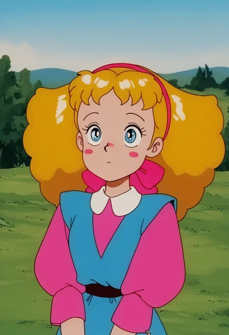 1girl, mary-lennox, blonde hair, hairband, blue eyes, blush stickers, outfit1, outdoors, retro artstyle, official style