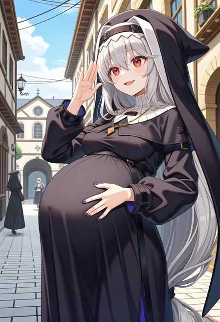 STYLE(comfy++,none) masterpiece, best quality, absurdres, 1girl, cura, azuuru, torino aqua, specter \(arknights\), nun, red eyes, hair between eyes, grey hair, very long hair, white hair, long hair, black dress, black headwear, hat, long sleeves, nail polish, habit, medium breasts, clothed, pregnant, big belly, solo, crazy smile, confused, looking ahead, facing to the side, open hands, arm up, hand up, squatting, cowboy shot, low angle view, day, road, game cg, <lora:Other/Pregnancy_Slider.safetensors:1.5:1.5> <lora:Tech/dmd2_sdxl_4step_lora_fp16.safetensors:1.0:1.0> <lora:Other/pregnant_c_v3.safetensors:1.0:1.0>