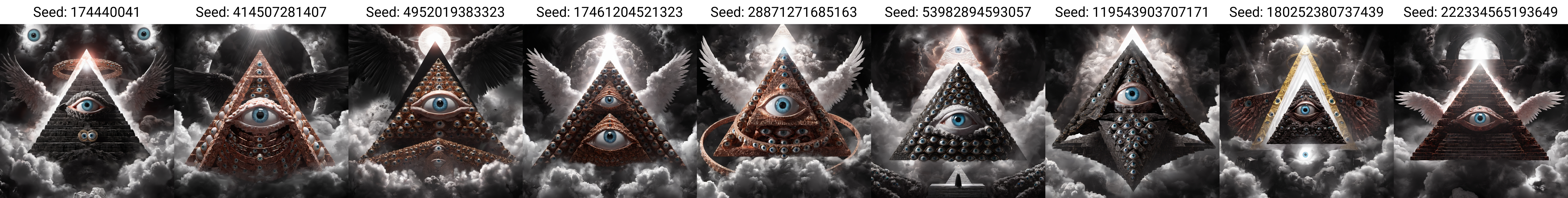 seraphins, a mystical creature with hundreds of eyes and wings with the shape of a pyramid, surrounded by 2 layers of rings full of eyes, eerie, horror, background angelic clouds, sunlight <lora:Seraphins1.0-000038:0.8>