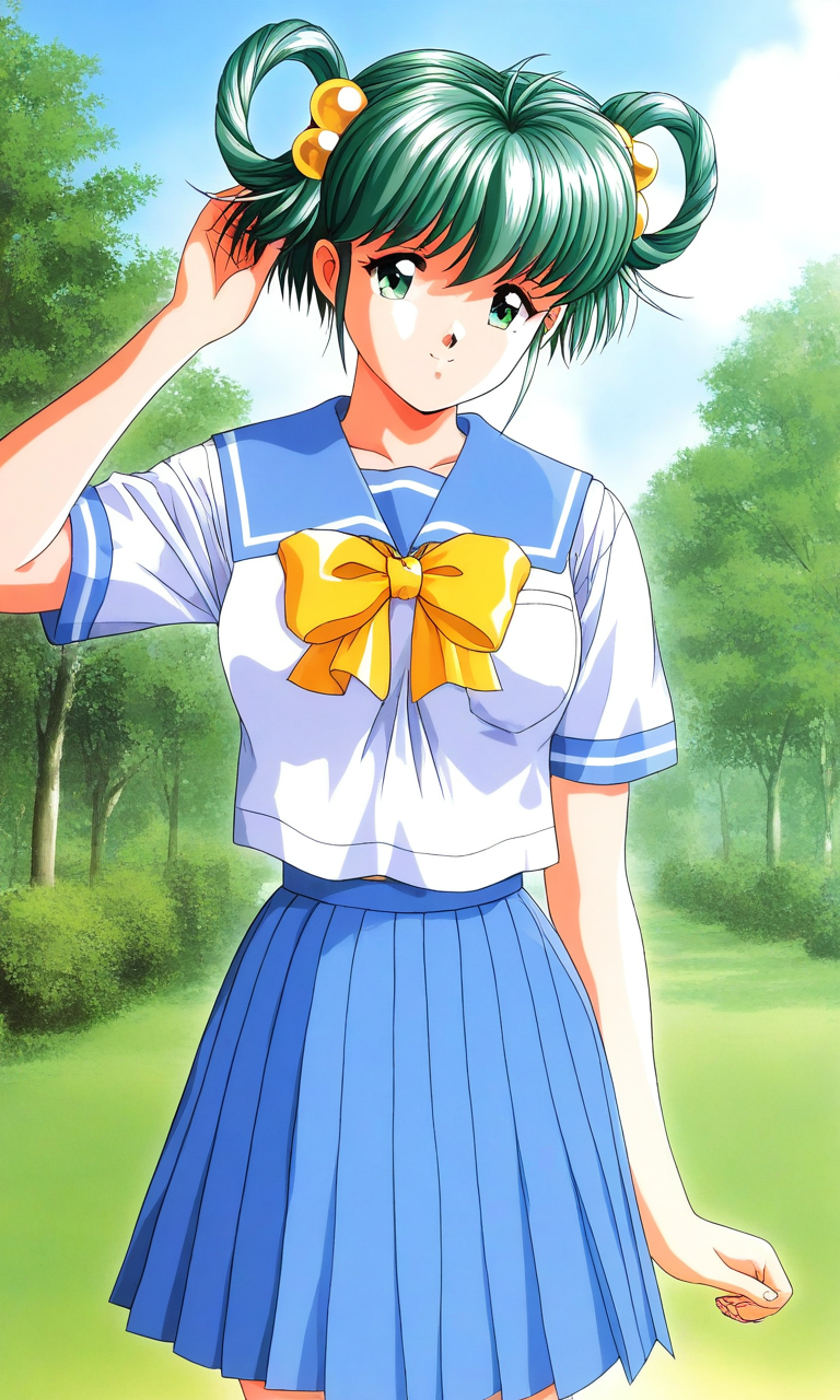 general,highres, ultra-detailed,very aesthetic,best quality ,best hands, BREAK <lora:Tatebayashi_Miharu_Tokimeki_Memorial_IS:1>
Tatebayashi_Miharu(Tokimeki_Memorial), 1girl, solo, hair rings, hair ornament, Yellow bobbles, green hair, bangs, short hair, green eyes, medium breasts, 
blue school uniform, serafuku, jewelry, yellow bow, Yellow bow, blue skirt, blue sailor collar, white shirt, pleated skirt, short sleeves, outdoor, tree, sky,