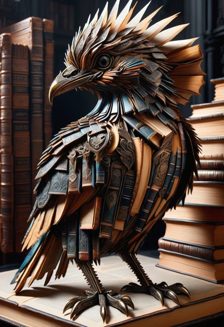 hyper detailed masterpiece, dynamic, awesome quality, DonMB00ksXL medium enigmatic ephemeral minimalist avian soul, padded appendages, spiked-tailed, metallic skin, , made of books <lora:DonMB00ksXL-000008:1>