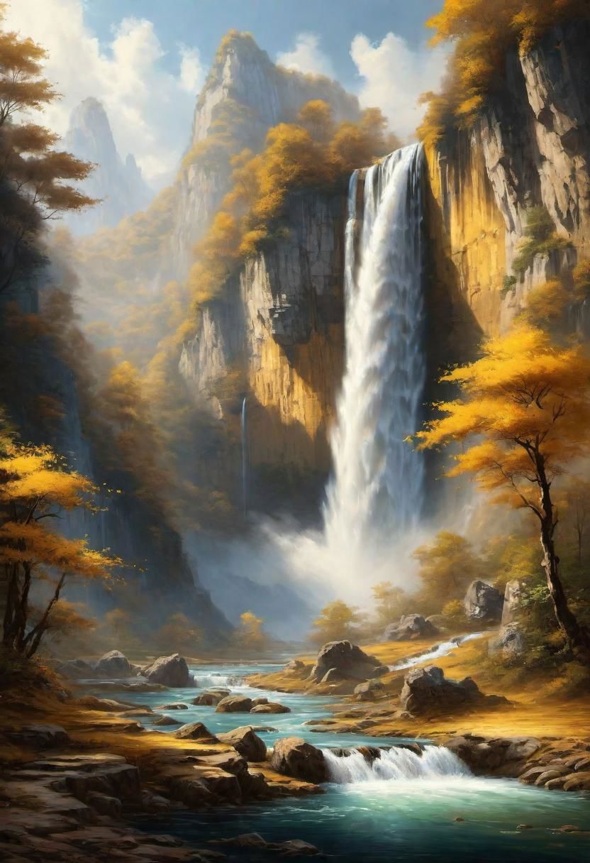 a landscape of a waterfall with gold water,
 masterpiece, highly detailed,
EdobHorrorLandscape,