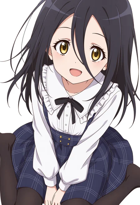 <lora:Hikaru KAMISAKI_1.0_illustrious-000036:1>,
KHA_ONE,solo,long hair,yellow eyes,black hair,open mouth,dress,smile,looking at viewer,white background,simple background,:d,hair between eyes,plaid skirt,white shirt,black bow,frilled,cowboy_shot,black pantyhose,sitting,wariza,from_above,blue skirt