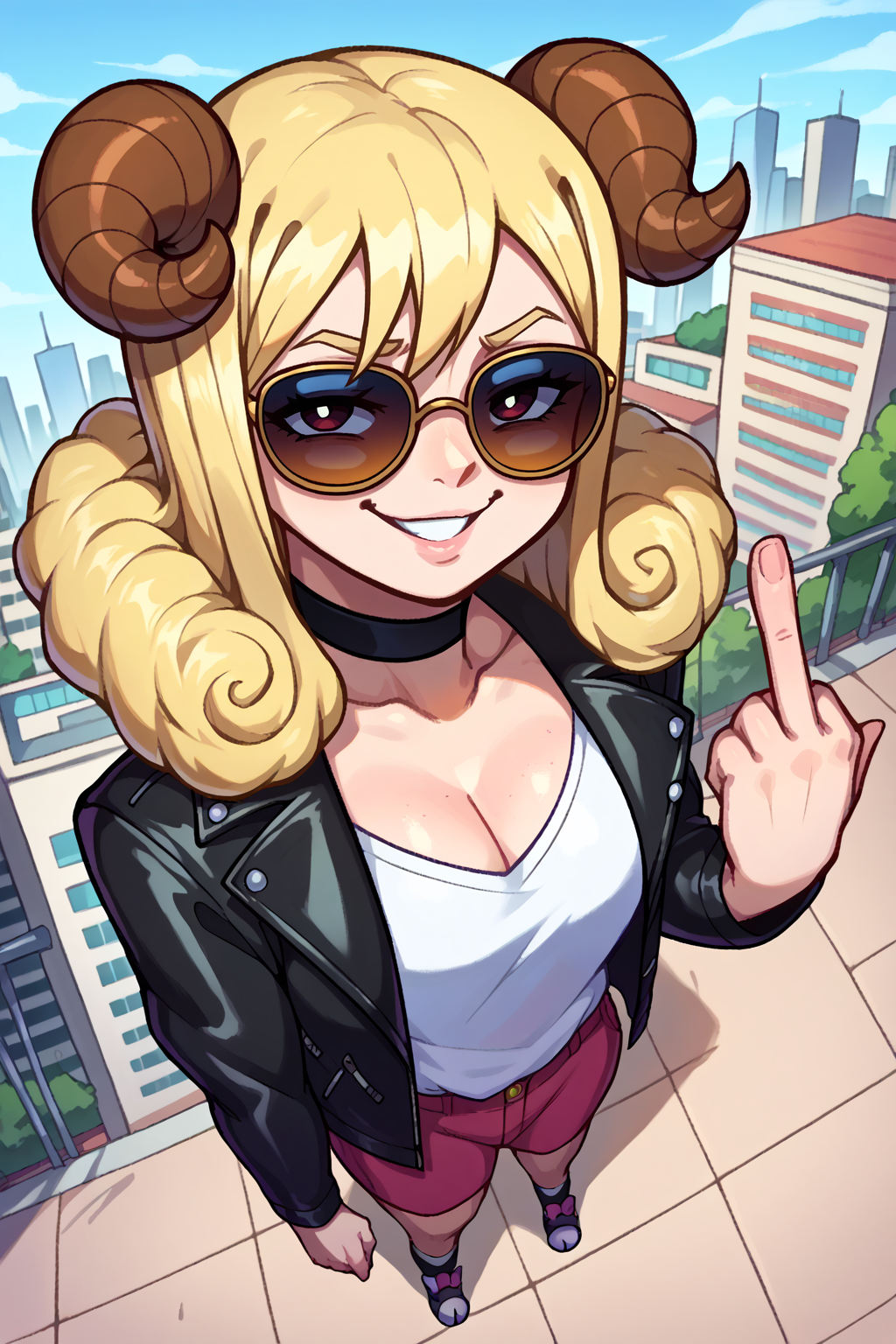 score_9, score_8_up, score_7_up, score_6_up, BREAK <lora:NSAriesFairyTail:1> NSAriesFaiTai, sheep horns, blonde hair, medium hair, hair curls, sunglasses, white shirt, leather jacket, black choker, middle finger, city skyline, outdoors, from above, smug