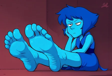 perfect, masterpiece, score_9, score_8_up, score_7_up, 2D, thick outlines, ((flat colors)), detailed, solo, 1girl, LapisLazuli_SU, colored skin, blue skin, sleeveless, blue dress, bare shoulders, barefoot, sitting, legs, feet, foot focus, soles, toes, wrinkled soles, foreshortening, big feet, relaxed, disinterested, bored